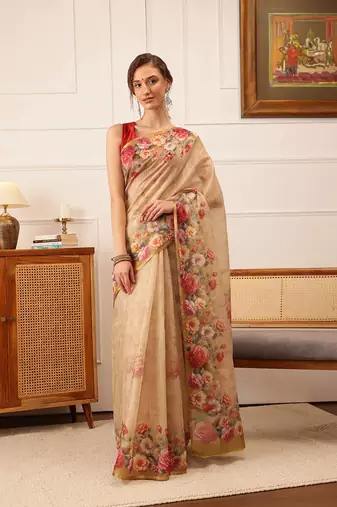 Beige Floral Digital Print Silk Cotton Saree