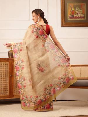 Beige Floral Digital Print Silk Cotton Saree 3