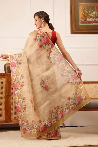 Beige Floral Digital Print Silk Cotton Saree