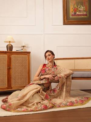 Beige Floral Digital Print Silk Cotton Saree 4