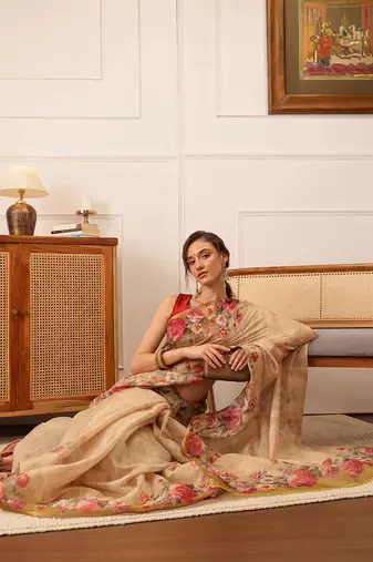 Beige Floral Digital Print Silk Cotton Saree