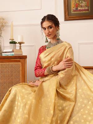 Beige Floral Zari Woven Tissue Saree 1