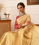 Beige Floral Zari Woven Tissue Saree