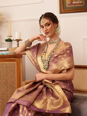Purple Floral Zari Woven Tissue Saree 1
