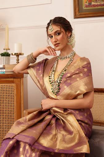 Purple Floral Zari Woven Tissue Saree