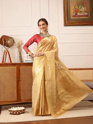 Beige Floral Zari Woven Tissue Saree 2