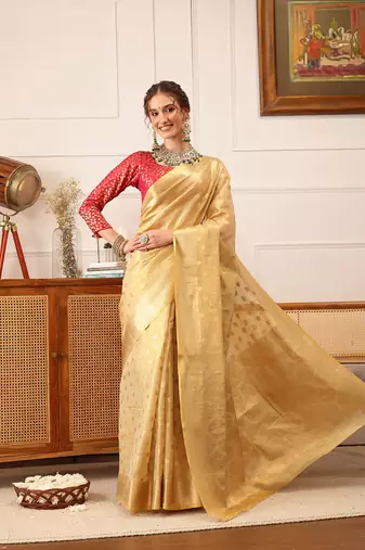 Beige Floral Zari Woven Tissue Saree