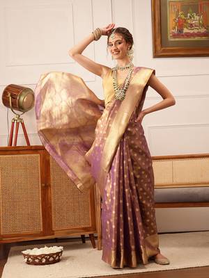 Purple Floral Zari Woven Tissue Saree 2