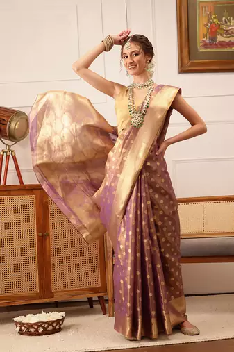 Purple Floral Zari Woven Tissue Saree