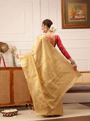 Beige Floral Zari Woven Tissue Saree 3