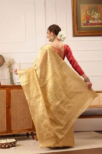 Beige Floral Zari Woven Tissue Saree