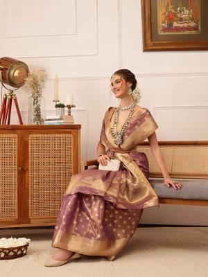 Purple Floral Zari Woven Tissue Saree 4
