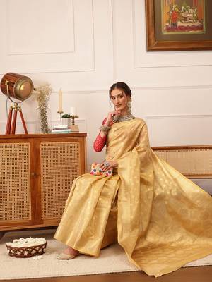 Beige Floral Zari Woven Tissue Saree 4