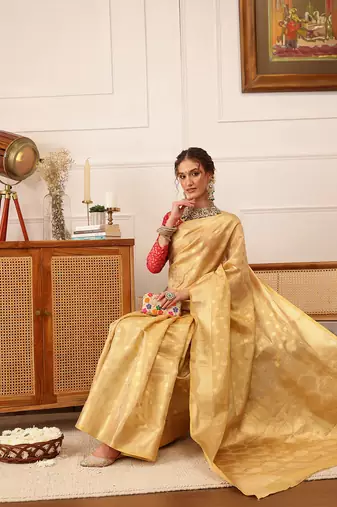 Beige Floral Zari Woven Tissue Saree