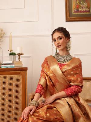 Peach Floral Zari Woven Tissue Saree 1