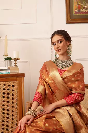 Peach Floral Zari Woven Tissue Saree