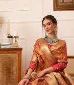 Peach Floral Zari Woven Tissue Saree