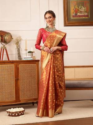 Peach Floral Zari Woven Tissue Saree 2