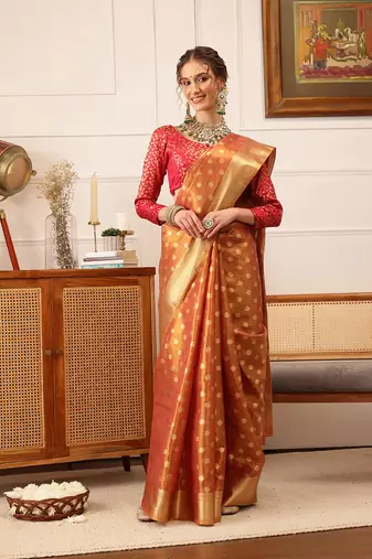 Peach Floral Zari Woven Tissue Saree