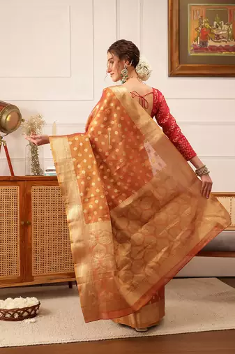 Peach Floral Zari Woven Tissue Saree