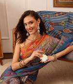Gray Floral Digital Print Silk Cotton Saree