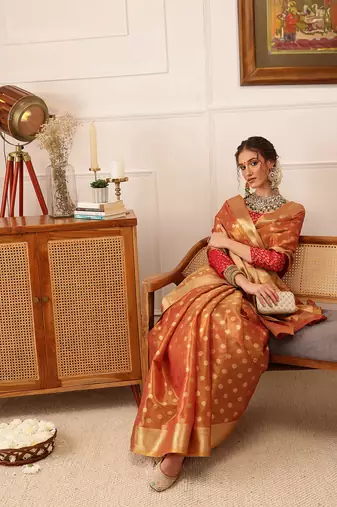 Peach Floral Zari Woven Tissue Saree
