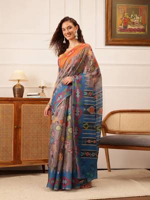 Gray Floral Digital Print Silk Cotton Saree 2