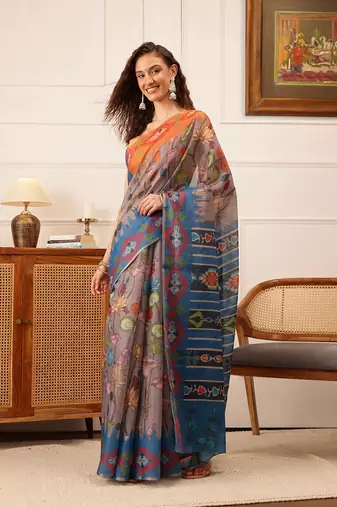 Gray Floral Digital Print Silk Cotton Saree