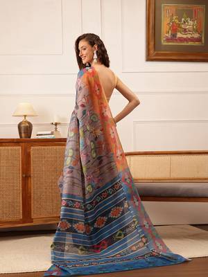 Gray Floral Digital Print Silk Cotton Saree 3