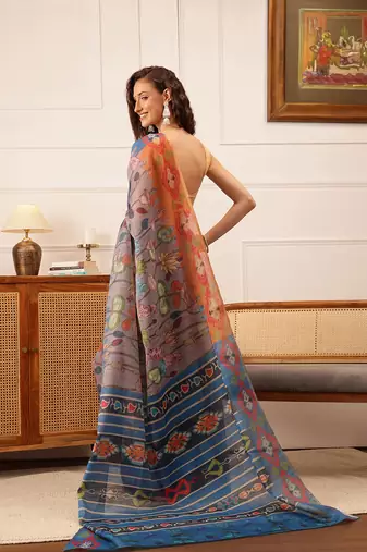 Gray Floral Digital Print Silk Cotton Saree