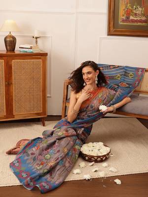 Gray Floral Digital Print Silk Cotton Saree 4