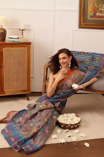 Gray Floral Digital Print Silk Cotton Saree