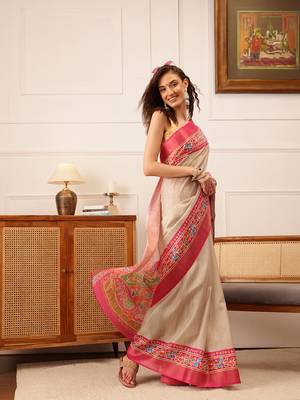 Beige Floral Digital Print Kotha Silk Blend Saree 1