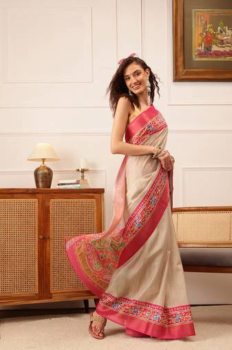Beige Floral Digital Print Kotha Silk Blend Saree