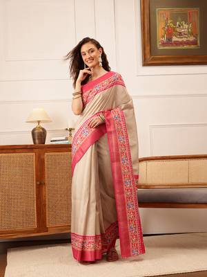 Beige Floral Digital Print Kotha Silk Blend Saree 2