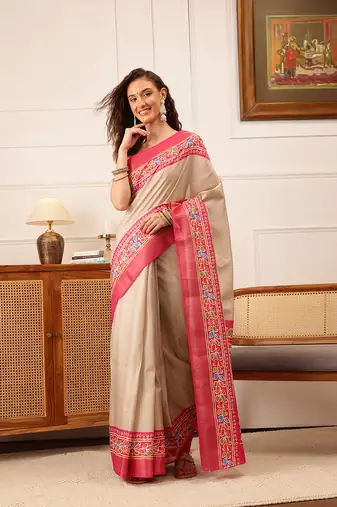 Beige Floral Digital Print Kotha Silk Blend Saree