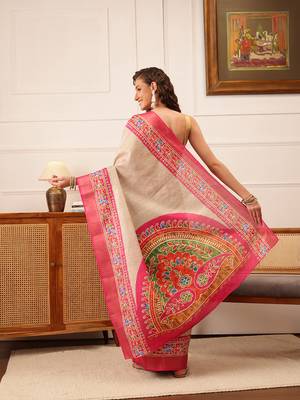 Beige Floral Digital Print Kotha Silk Blend Saree 3