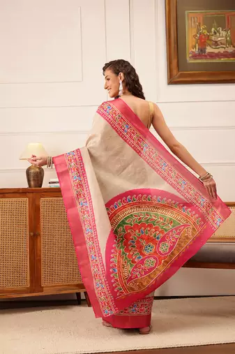 Beige Floral Digital Print Kotha Silk Blend Saree