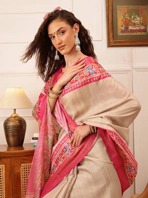 Beige Floral Digital Print Kotha Silk Blend Saree 4
