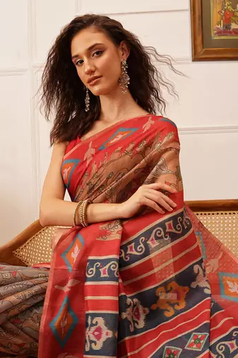 Red Floral Digital Print Silk Cotton Saree