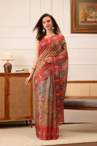 Red Floral Digital Print Silk Cotton Saree