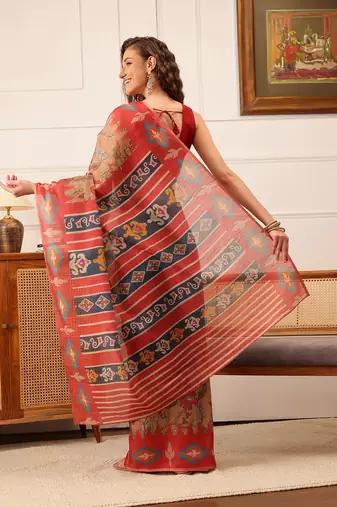 Red Floral Digital Print Silk Cotton Saree