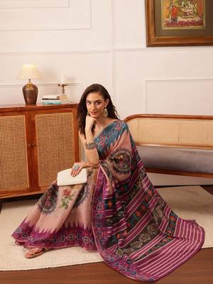 Beige Floral Digital Print Silk Cotton Saree 1