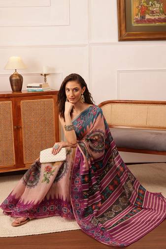 Beige Floral Digital Print Silk Cotton Saree