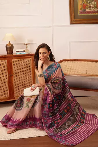 Beige Floral Digital Print Silk Cotton Saree
