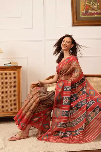Red Floral Digital Print Silk Cotton Saree