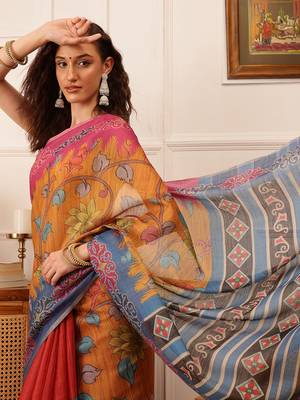 Mustard Floral Digital Print Silk Cotton Saree 1
