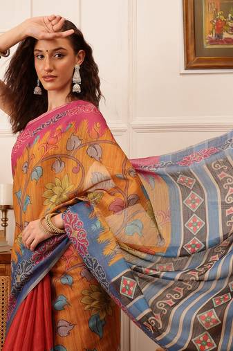 Mustard Floral Digital Print Silk Cotton Saree