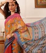 Mustard Floral Digital Print Silk Cotton Saree