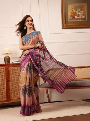 Beige Floral Digital Print Silk Cotton Saree 2